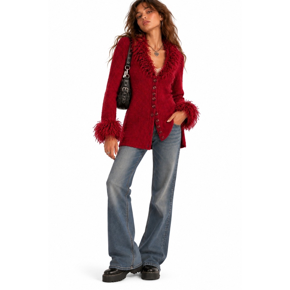 Y2K Penny Lane Shaggy Trim Cardigan Sweater sz L Wine Red Longline Boho Bratz